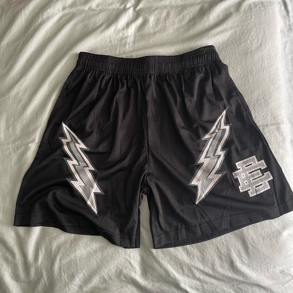 Eric Emanuel Black and Silver Athletic Shorts with Lightning Bolt Design